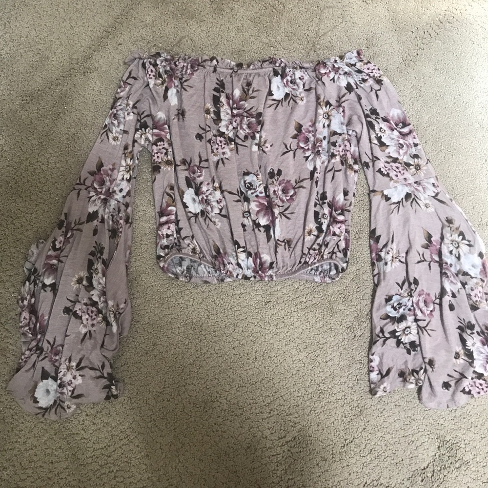 Off the shoulder floral shirt, flowy sleeves